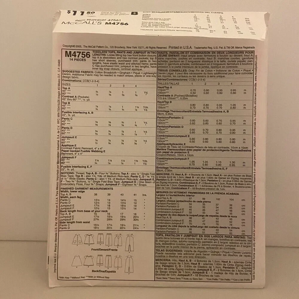 #M4756 McCalls Toddlers Tops Pants and Jumpsuit Sewing Pattern Size 1-4.